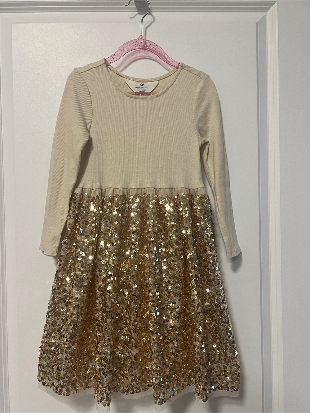 H&M Girls Cream Top with Gold Sequin Skirt Dress